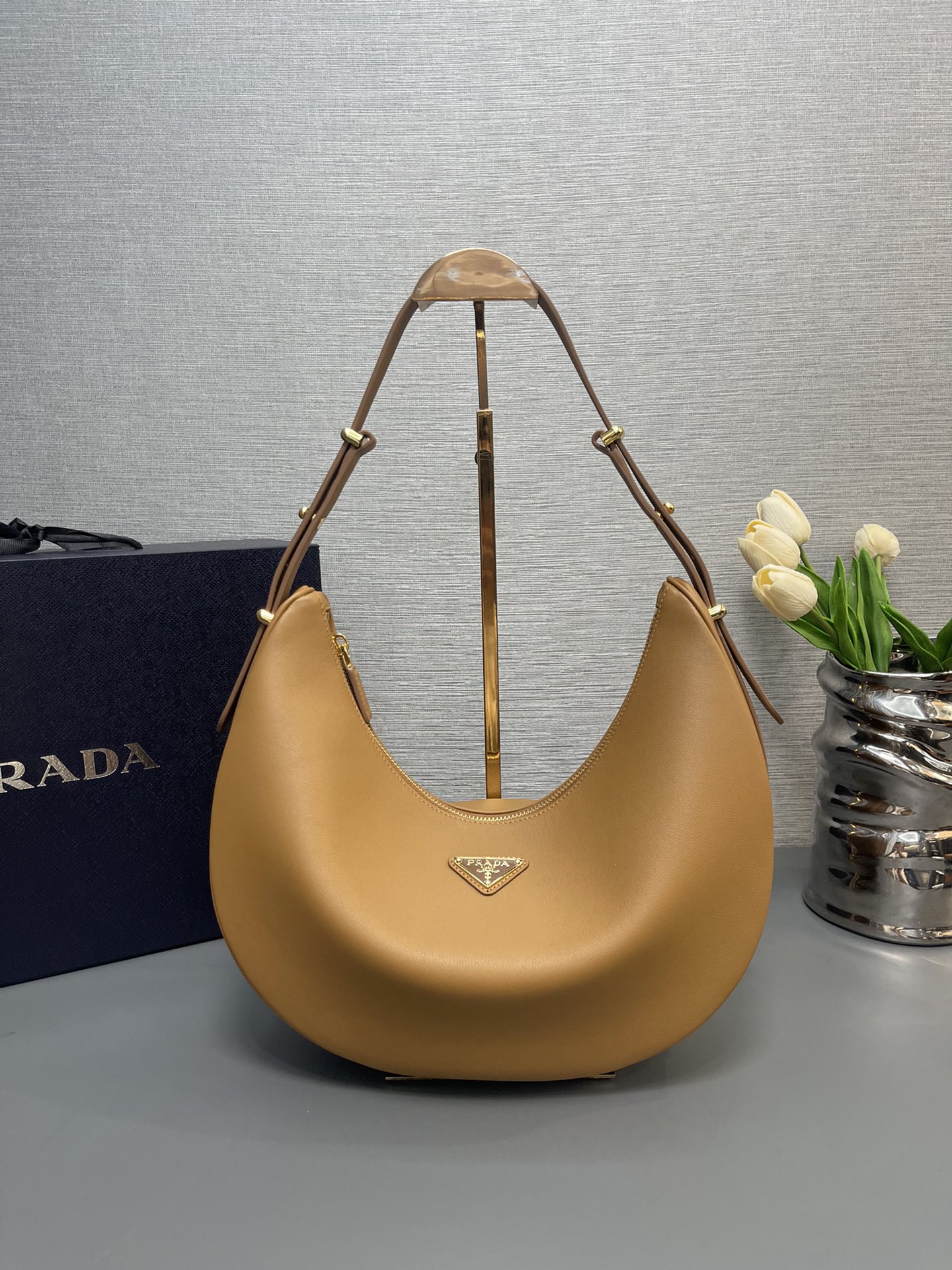 Prada Large Classic Hobo Arque Leather Shoulder Bag Caramel 1BC212